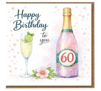 Tarjeta de cumpleaños número 60 - Botella de champán y acuarela de cristal con confeti - Feliz cumpleaños para ti - Milestone 60 Celebración para él o ella