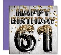 Tarjeta de cumpleaños número 61 para hombres, globos negros y dorados con purpurina, tarjetas de feliz cumpleaños para hombre de 61 años, papá, abuelo, abuelo, tío grande, 145 mm x 145 mm, sesenta y