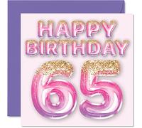 Tarjeta de cumpleaños número 65 para mujer, globos de purpurina rosa y morada, tarjetas de feliz cumpleaños para mujer de 65 años, mamá, niñera, abuela, tía, 145 mm x 145 mm, tarjetas de felicitación