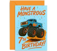 Tarjeta de cumpleaños número 7 para niño, de siete años, diseño de Monster Truck 'Monstrous Bday', para niño, regalo genial para vehículo de coche, para hijo, sobrino, bisnieto, interior en blanco