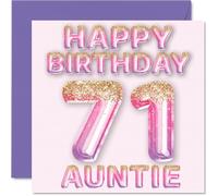 Tarjeta de cumpleaños número 71 para tía, globos de purpurina rosa y morada, tarjetas de feliz cumpleaños para tía de 71 años de sobrino sobrina, tarjetas de felicitación de cumpleaños de 145 mm