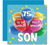 Tarjeta de cumpleaños número 75 para hijo - World's Most Amazing Son - Tarjeta de feliz 75 cumpleaños para hijo de mamá papá, 145 mm x 145 mm de edad 75 setenta y cinco tarjetas de felicitación para