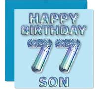 Tarjeta de cumpleaños número 77 para hijo, globos de fiesta con purpurina azul, tarjetas de feliz cumpleaños para hijo de 77 años de parte de mamá, papá, padres, tarjetas de felicitación de cumpleaños