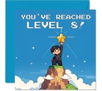 Tarjeta de cumpleaños número 8 - Celebración de nivel - Diseño retro Pixel Art Gamer con la cima de la montaña y estrella dorada - Llena de vibraciones de logro - Cuadrado de 145 mm, sobre incluido