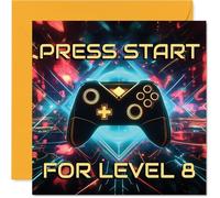 Tarjeta de cumpleaños número 8 - Level Up Their Big Day - Vibrante diseño de controlador de juegos con audaz «Press Start for Level 8» - Cuadrado de 145 mm, sobre incluido
