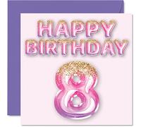 Tarjeta de cumpleaños número 8 para niñas, globos de purpurina rosa y morada, tarjetas de feliz cumpleaños para niñas de 8 años, hija, hermana, nieta, prima, 145 mm x 145 mm, tarjetas de felicitación