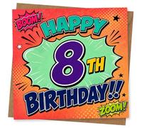 Tarjeta de cumpleaños número 8 para niño, diseño de feliz cumpleaños 8 con gráficos BOOM y ZOOM