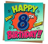 Tarjeta de cumpleaños número 8 para niño o niña, tarjeta de cumpleaños estilo cómic con diseño de boom y zoom