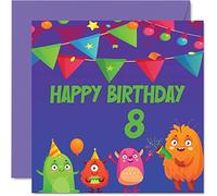Tarjeta de cumpleaños número 8 para niño y niña, tarjeta de cumpleaños de monstruo, tarjeta de feliz cumpleaños para niño de 8 años, tarjetas de cumpleaños para él y ella, tarjeta de felicitación de