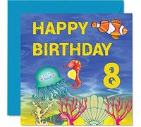 Tarjeta de cumpleaños número 8 para niño y niña, tarjeta de cumpleaños Sealife, tarjeta de feliz cumpleaños para niño de 8 años, tarjetas de cumpleaños para él y ella, tarjeta de felicitación de 145