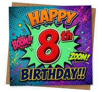 Tarjeta de cumpleaños número 8 para niños - Tarjeta de 8º cumpleaños estilo cómic con diseño de boom y zoom