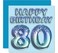 Tarjeta de cumpleaños número 80 para hombres, globo de fiesta con purpurina azul, tarjetas de feliz cumpleaños para hombre de 80 años, gran abuelo, abuelo, papá, abuelo, abuela, 145 mm x 145 mm,