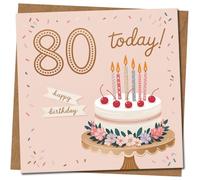 Tarjeta de cumpleaños número 80 - Pastel, velas y cerezas - 145 mm x 145 mm cuadrada - bonito diseño rosa - Happy 80 Today, incluye sobre de papel kraft