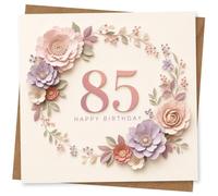 Tarjeta de cumpleaños número 85 para ella, diseño floral, corte de papel, tarjeta de feliz cumpleaños con flores rosas y lilas