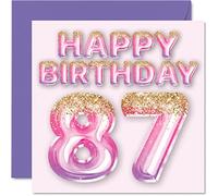 Tarjeta de cumpleaños número 87 para mujer, globos de purpurina rosa y morada, tarjetas de feliz cumpleaños para mujer de 87 años, mamá, gran niñera, abuela, abuela, abuela, 145 mm x 145 mm, ochenta y
