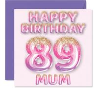 Tarjeta de cumpleaños número 89 para mamá, globos de purpurina rosa y morada, tarjetas de feliz cumpleaños para madre de hijo e hija, 145 mm x 145 mm, tarjetas de felicitación de cumpleaños de regalo