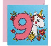 Tarjeta de cumpleaños número 9 con diseño de unicornio mágico y animación de cumpleaños, color rosa caprichoso número 9 con flores coloridas, perfecta para pequeños soñadores, cuadrada de 145 mm