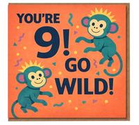 Tarjeta de cumpleaños número 9 con texto en inglés «You're 9! Go Wild!» Cheeky Monkeys, divertida tarjeta de cumpleaños para niños con temática de selva