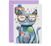 Tarjeta de cumpleaños número 9 para niña, globos de gato Purrfect - Tarjeta de cumpleaños de gato para niñas de 9 años, tarjetas de felicitación de gatos A5