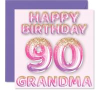 Tarjeta de cumpleaños número 90 para abuela, globos de purpurina rosa y morada, tarjetas de feliz cumpleaños para abuela de 90 años de parte de nieto y nieta, tarjetas de felicitación de cumpleaños de