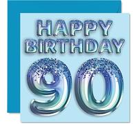 Tarjeta de cumpleaños número 90 para hombres, globo de fiesta con purpurina azul, tarjetas de feliz cumpleaños para hombre de 90 años, gran abuelo, abuelo, papá, abuelo, abuelo, 145 mm x 145 mm,
