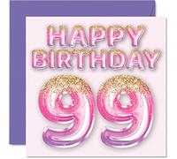 Tarjeta de cumpleaños número 99 para mujer, globos de purpurina rosa y morada, tarjetas de feliz cumpleaños para mujer de 99 años, mamá, gran niñera, abuela, abuela, abuela, abuela, 145 mm x 145 mm,