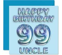 Tarjeta de cumpleaños número 99 para tío, globos de fiesta con purpurina azul, tarjetas de feliz cumpleaños para tío de 99 años de sobrino sobrino, tarjetas de felicitación de cumpleaños de 145 mm x