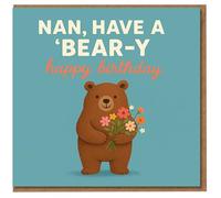 Tarjeta de cumpleaños para abuela, bonito oso con flores, mensaje de juego de palabras "Have a Bear-y Happy Birthday", tarjeta divertida para abuela