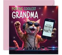 Tarjeta de cumpleaños para abuela - Fiesta DJ Cat - Tarjeta de feliz cumpleaños para abuela de nieto nieta, tarjetas de felicitación de cumpleaños de gato deejay de 145 mm