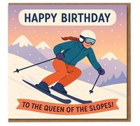 Tarjeta de cumpleaños para ella con texto en inglés "Happy Birthday To The Queen of the Slopes" Mujer esquiadora en montañas nevadas, tarjeta divertida para los amantes del esquí