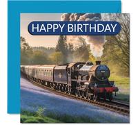 Tarjeta de cumpleaños para entusiastas de los trenes, trenes de vapor azul escocés volador, tarjeta de feliz cumpleaños para amigos, familiares, colegas, 145 mm x 145 mm, tarjetas de felicitación de