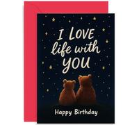 Tarjeta de cumpleaños para esposa para ella, regalo especial de cumpleaños para marido con texto en inglés "I Love Life With You" Bears and Star Sky Design