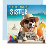 Tarjeta de cumpleaños para hermana - Chill Beach Dog - Tarjeta de feliz cumpleaños para hermana de hermano hermano, 145 mm Chill Beach Dog Bday tarjetas de felicitación