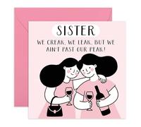 Tarjeta de cumpleaños para hermana - Divertida broma de envejecimiento con fugas - Felicitación para sus hermanas, hermanas, hermanas, mujeres, niñas, familia, ilustración de beber vino, tarjeta de