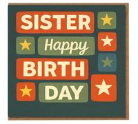 Tarjeta de cumpleaños para hermana - Estrellas retro y letras de bloque atrevidas - Diseño «SISTER Happy Birthday Day» - Bonito saludo para una hermana encantadora