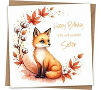 Tarjeta de cumpleaños para hermanas con diseño de zorro para hermanas, hermosas flores de acuarela y bonito diseño de zorro