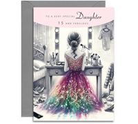 Tarjeta de cumpleaños para hija de 15 años, elegante tarjeta de cumpleaños para una hija especial de 15 años con bonito versículo en el interior, tamaño A5 con sobre gris