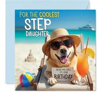 Tarjeta de cumpleaños para hijastra - Chill Beach Dog - Tarjeta de feliz cumpleaños para hijastra de papá mamá, tarjetas de felicitación de cumpleaños de perro de playa fría de 145 mm