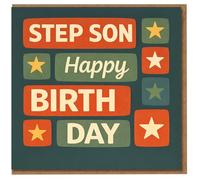 Tarjeta de cumpleaños para hijastro - Letras de bloque retro con estrellas - Diseño "STEP SON Happy Birthday Day"