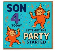 Tarjeta de cumpleaños para hijo 4 Today - Cheeky Party Monkeys, Let's Get the Party Started - Tarjeta de 4º cumpleaños para hijo