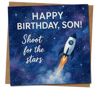 Tarjeta de cumpleaños para hijo, diseño de cohete espacial con texto en inglés "Happy Birthday, Son! Shoot for the Stars", 145 mm x 145 mm, bonita tarjeta inspiradora, incluye sobre de papel kraft
