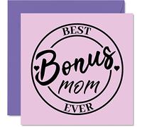 Tarjeta de cumpleaños para madrastra - Best Bonus Mom Ever - Divertida tarjeta de feliz cumpleaños de hijastra hijo, 145 mm x 145 mm, tarjetas de felicitación para el día de la madre para madrastra,