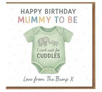 Tarjeta de cumpleaños para mamá de The Bump, diseño de elefantes con texto en inglés "I Can't Wait for Cuddles"