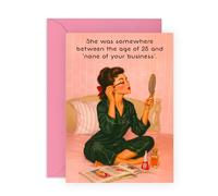 Tarjeta de cumpleaños para mujer - "Between 25 and None of Your B" Retro - Tarjeta de edad humorística para ella, amigas, mejores amigas, mejores amigas, amigas, colegas, prima, novia, prometida
