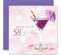 Tarjeta de cumpleaños para mujer de 58 años, diseño de cóctel morado, 145 mm