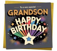 Tarjeta de cumpleaños para nieto, con texto en inglés «To a Very Special Grandson, Happy Birthday», estrellas coloridas, 145 mm x 145 mm, incluye sobre dorado
