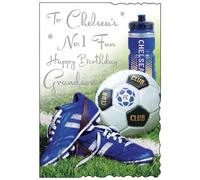 Tarjeta de cumpleaños para nieto, diseño de fútbol del Chelsea, con acabados especiales y hoja de inserción ilustrada, fabricada en el Reino Unido