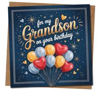 Tarjeta de cumpleaños para nieto, diseño de globos de corazón y estrellas, azul y dorado, tarjeta de felicitación sentimental, cuadrada de 145 mm x 145 mm, incluye sobre de papel kraft