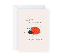 Tarjeta de cumpleaños para niñas con texto en inglés "Happy Birthday Little Lady", regalos para hija, sobrina, niños, niños, mariquita en un sombrero, viene con divertidas calcomanías