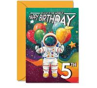 Tarjeta de cumpleaños para niño de 5 años, traje espacial de astronauta, tarjeta de cumpleaños del espacio exterior para niñas de 5 años, tarjetas de felicitación de cumpleaños A5
